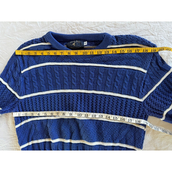 Vintage Striped Sailing Sweater Mens Sz L Blue 1980s Pullover Marine Sport USA - Picture 5 of 7